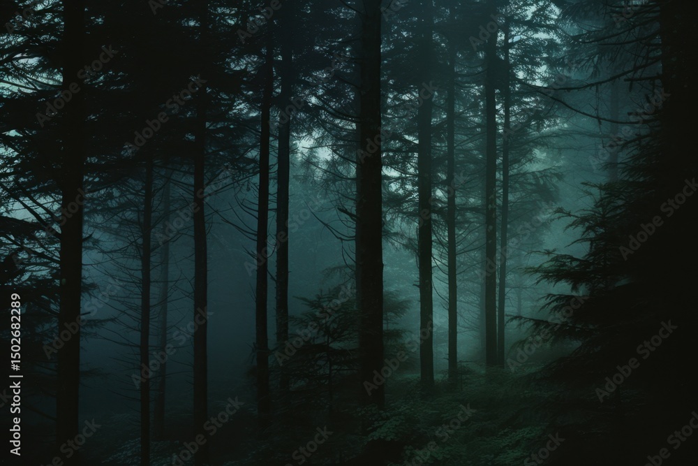 Fototapeta premium A Misty Forest Path Unveiling Secrets In The Dark Woods