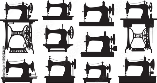 Vintage Sewing Machine Silhouette Set – Black Vector Illustration of Antique Tailoring Equipment