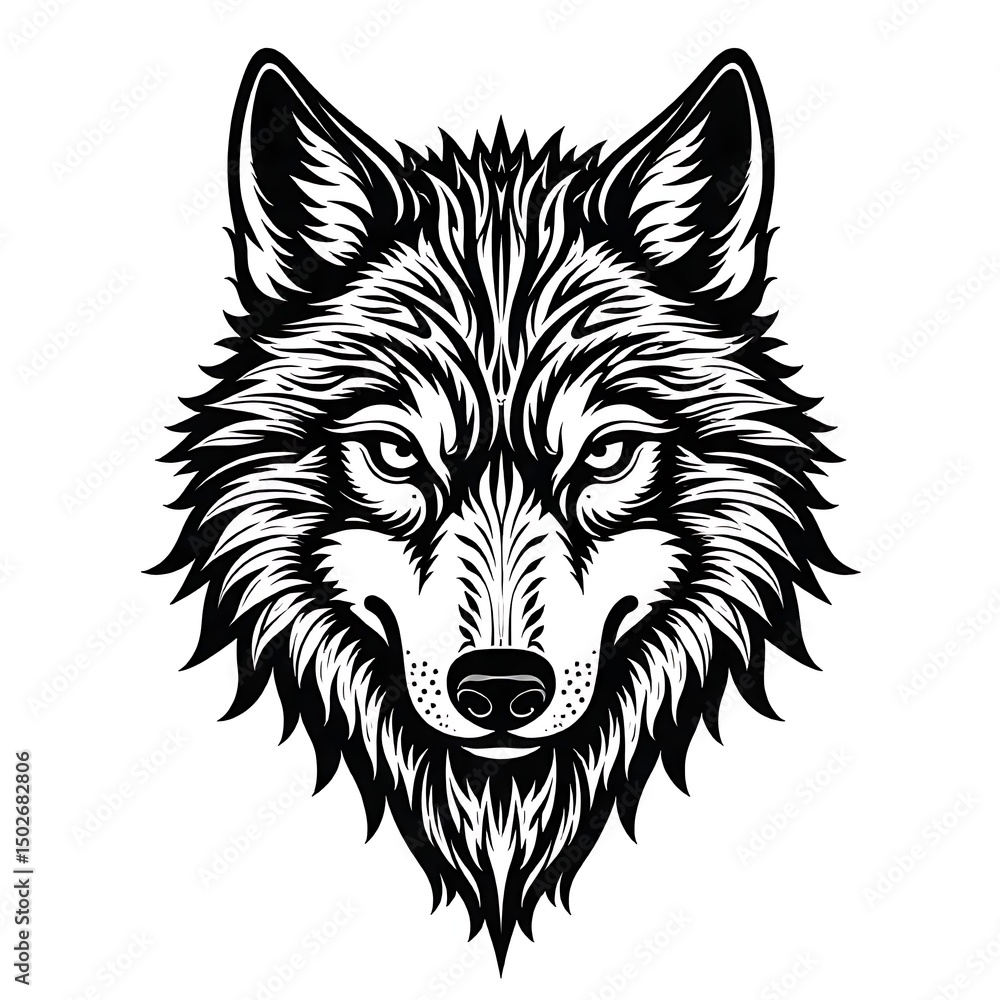 Naklejka premium Fierce tribal wolf head design in bold black lines and symmetrical style artwork high resolution photo