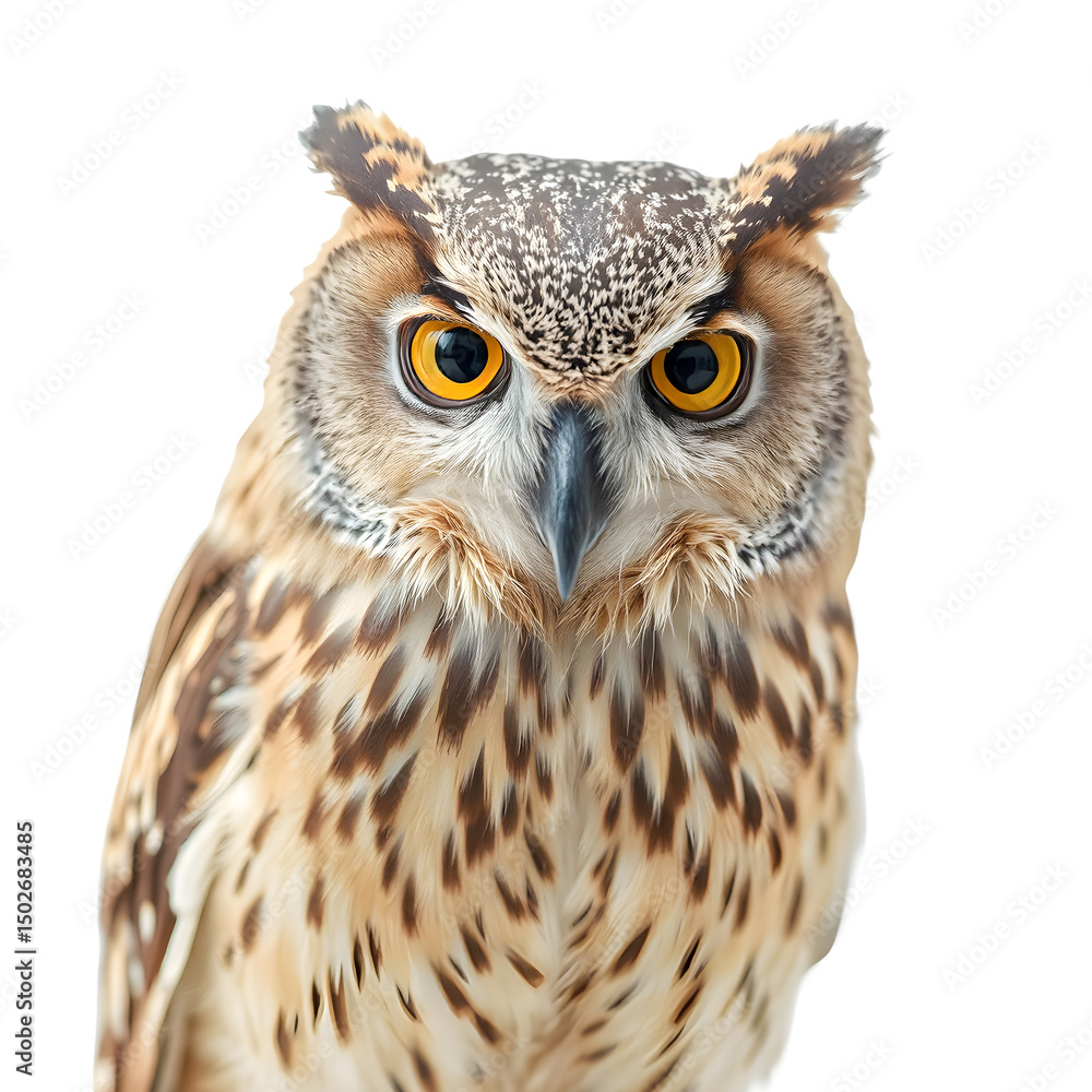 Obraz premium Portrait of a majestic great horned eagle owl with piercing yellow eyes, a powerful bird of prey in wild nature, watching its prey