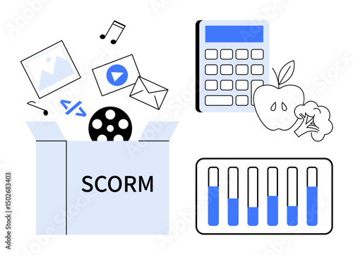 SCORM box with multimedia content, coding and development symbols, calculator, apple, broccoli, and progress chart. Ideal for education, e-learning, health performance tracking data online