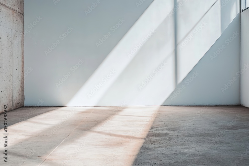 Fototapeta premium Sunlight streams into an empty room, casting shadows on a light-colored concrete floor and wall