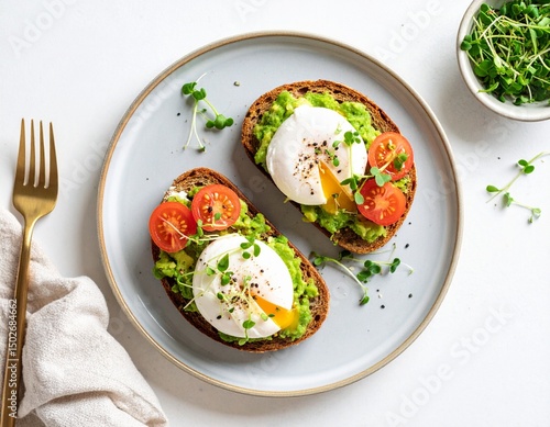Fotografie Delicious avocado toast with poached eggs and microgreens