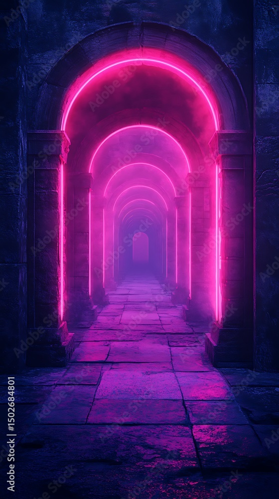 Obraz premium Surreal passage illuminated by radiant pink neon light arches in concrete tunnel
