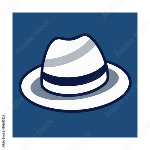 Stylish illustration of a white fedora hat with dark and light grey accents on a blue background