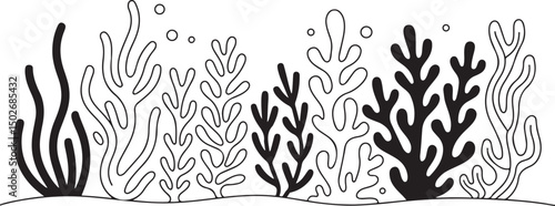 Underwater Coral and Seaweed Line Art – Black and White Marine Plant Silhouettes in Doodle Style

