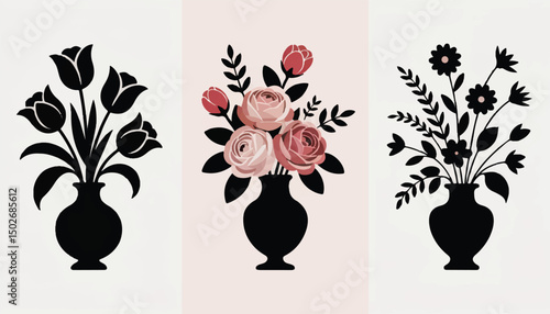 Floral Vase Illustration Set – Silhouette and Colored Flower Arrangements in Elegant Decorative Vases

