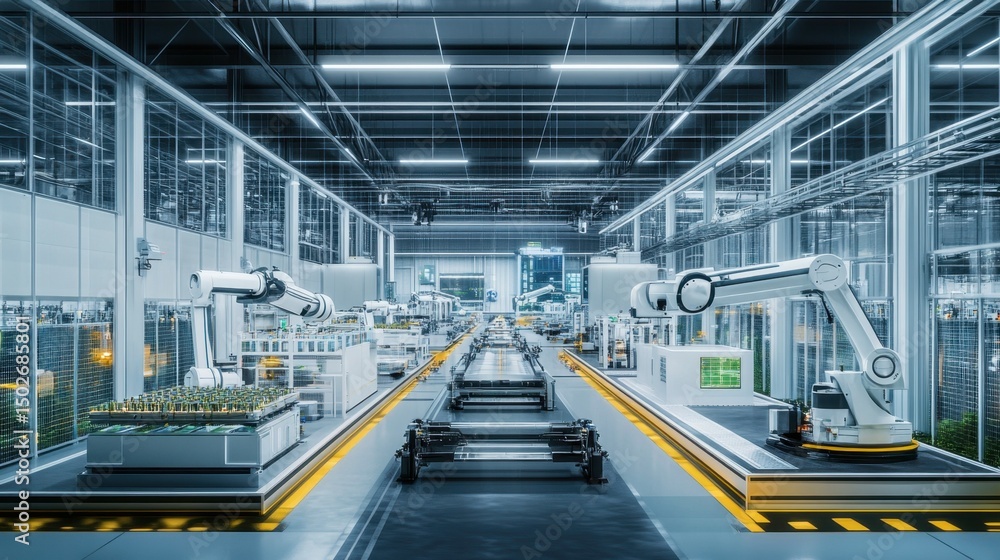 Fototapeta premium Factory Production Line with Automated Assembly and Robotic Manufacturing Machines