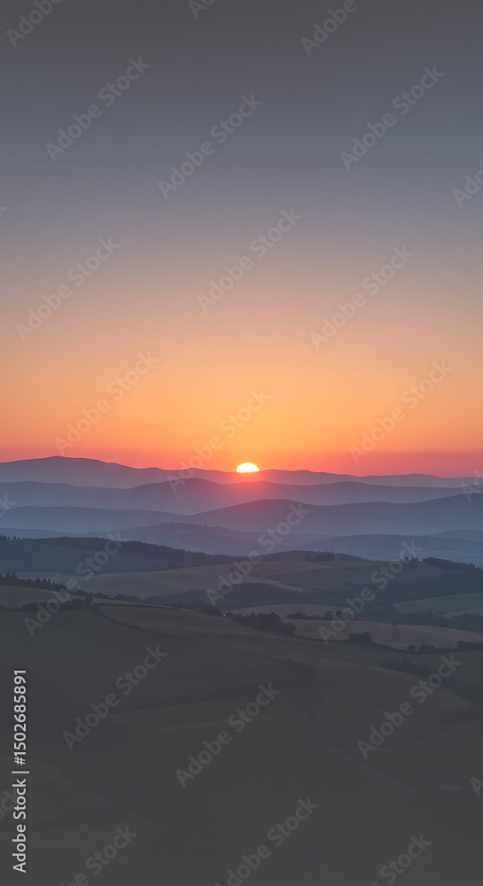 Obraz premium Serene Sunset Over Rolling Hills and Distant Mountains Landscape Photography