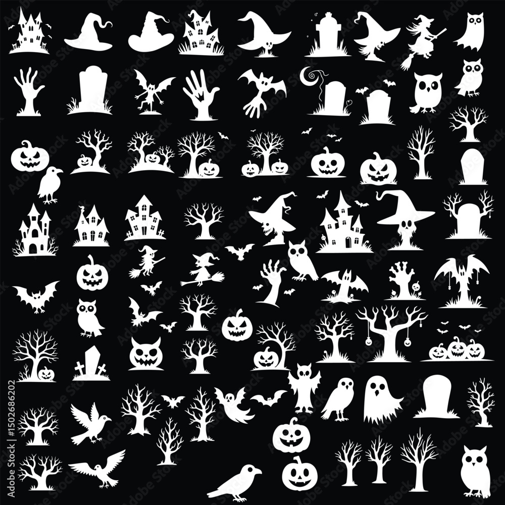 Naklejka premium Collection of Halloween silhouettes. Haunted house, creepy tree, flying witch, pumpkins, halloween ghost, owl and vector design