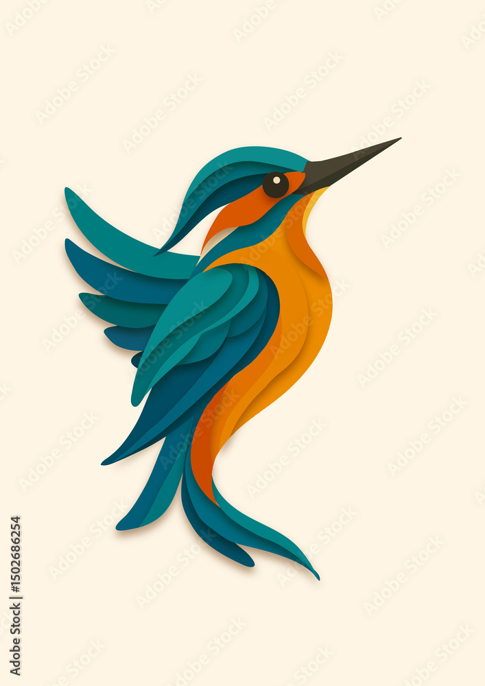 Obraz premium Ein stilisierter Eisvogel in lebendigen Blau- und Orangetönen wird in einem kunstvollen Paper-Cut-Stil dargestellt. Die elegante Darstellung kombiniert klare Formen mit harmonischen Farbverläufen