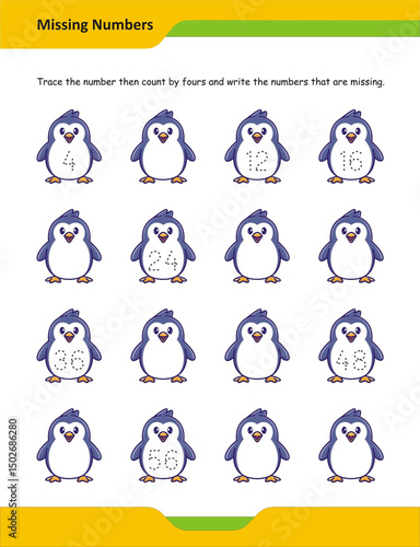Count by 4s and fill in the missing numbers, Trace and write missing numbers by 4s, Kindergarten skip counting worksheet, Count by fours number tracing, Skip counting by 4s practice sheet