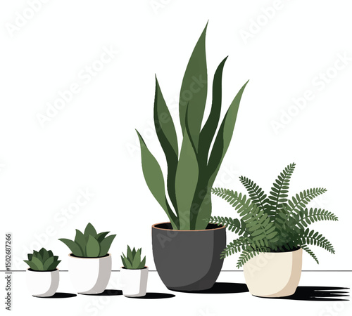 Vector illustration of potted indoor plants including succulents, snake plant, and fern, minimalist home greenery decor