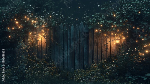 Enchanted Gateway: Wooden fence illuminated by whimsical fairy lights amidst lush greenery
