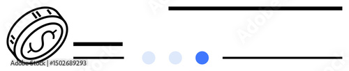 Coin with dollar sign alongside horizontal progress lines, dots indicating steps. Ideal for business, finance, growth, navigation, investments, digital tools, simple landing page