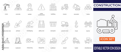 A professional and minimal thin line icon set representing construction and building activities. This collection includes icons for crane, bulldozer, cement mixer, safety vest and blueprints, workers