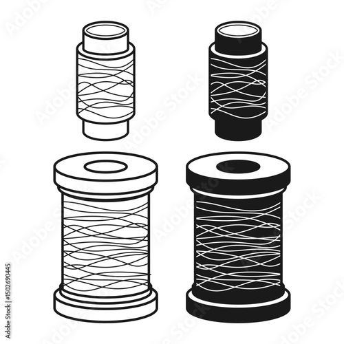 Simple Thread Spool Flat Black and Outline Style. Thread Spool Icon for Sewing Clothes.