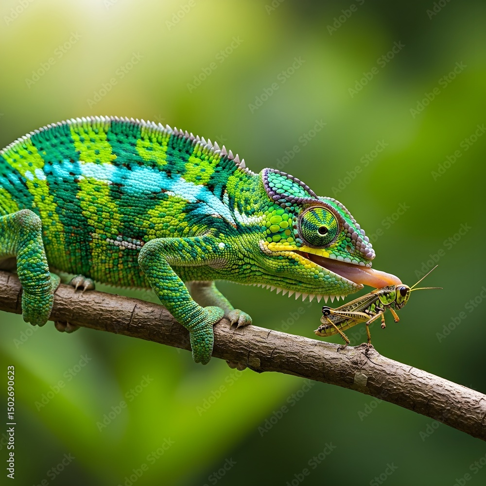 Fototapeta premium Chameleon Camouflaging on Tree Branch Macro Detail