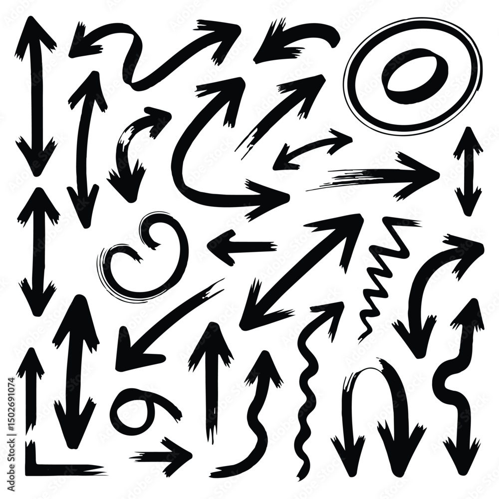 Black Brush crayon arrow collection with curved and straight, spiral and zigzag, circular, wavy directional pointers. Vector hand drawn brush stroke for presentation, infographics or educational mater Black Brush crayon arrow collection with curved and straight, spiral and zigzag, circular, wavy directional pointers. Vector hand drawn brush stroke for presentation, infographics or educational mater