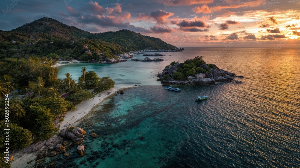 Fototapeta premium From above, the tropical elegance of coastal islands glows under a painterly sky of coral and gold..