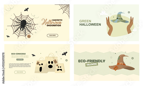Eco-Conscious Green Halloween Handcrafted Decoration Cards. sustainable Halloween cards. Eco-friendly halloween concept. Banner set. Halloween celebrations banner set. Flat design. Vector illustration