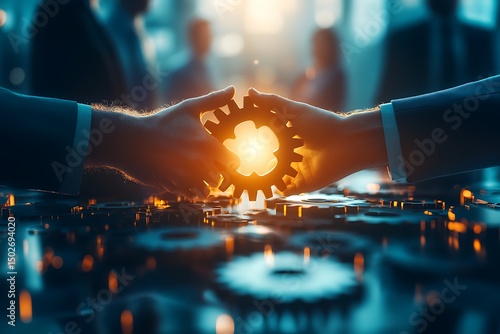 Synergy in motion Hands connecting interlocking gears, symbolizing collaboration and technological advancement for business success.