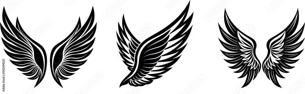 Fototapeta premium Flying bird wings vector set with angel and tribal feather Silhouette designs, perfect for tattoo or freedom symbol illustration