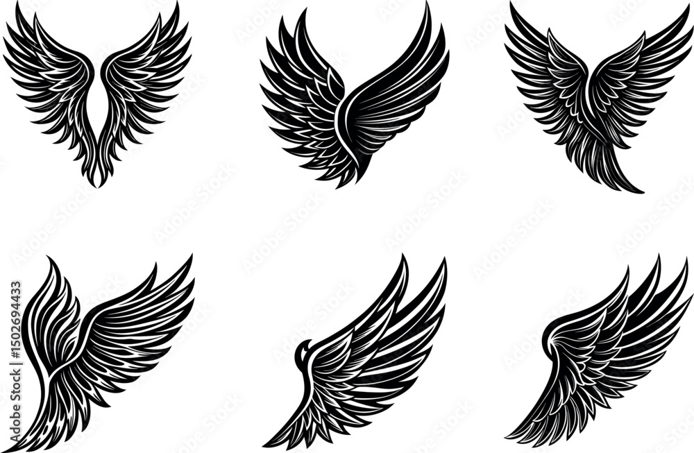 Obraz premium Flying bird wings vector set with angel and tribal feather Silhouette designs, perfect for tattoo or freedom symbol illustration