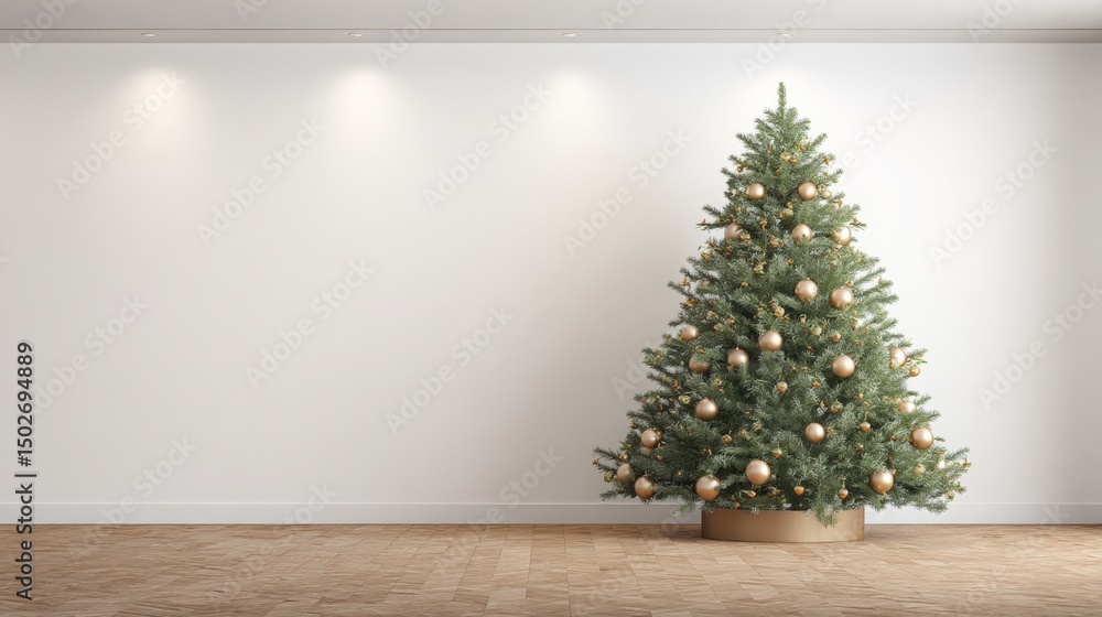 Decorated Christmas tree stands against a white wall in a bright, minimalist indoor room setting. Decorated Christmas tree stands against a white wall in a bright, minimalist indoor room setting.