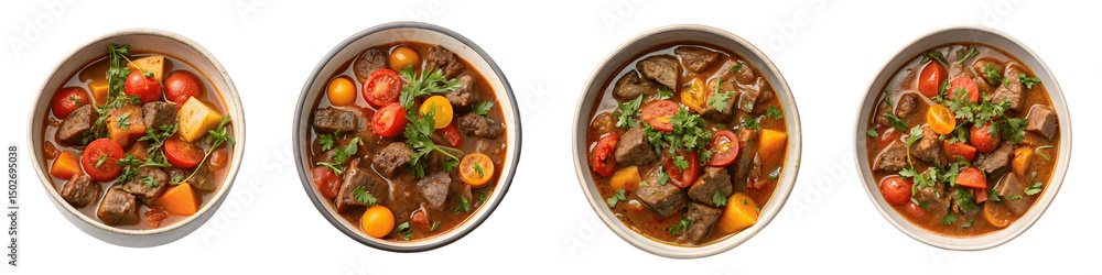 Bowls of hearty beef stew with tomatoes and parsley isolated on transparent background Bowls of hearty beef stew with tomatoes and parsley isolated on transparent background