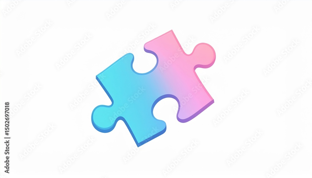 Fototapeta premium A single gradient puzzle piece in blue and pink on a white background.