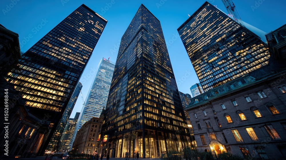 Naklejka premium The Financial District glows under twilight, skyscraper windows sparkling like stars..