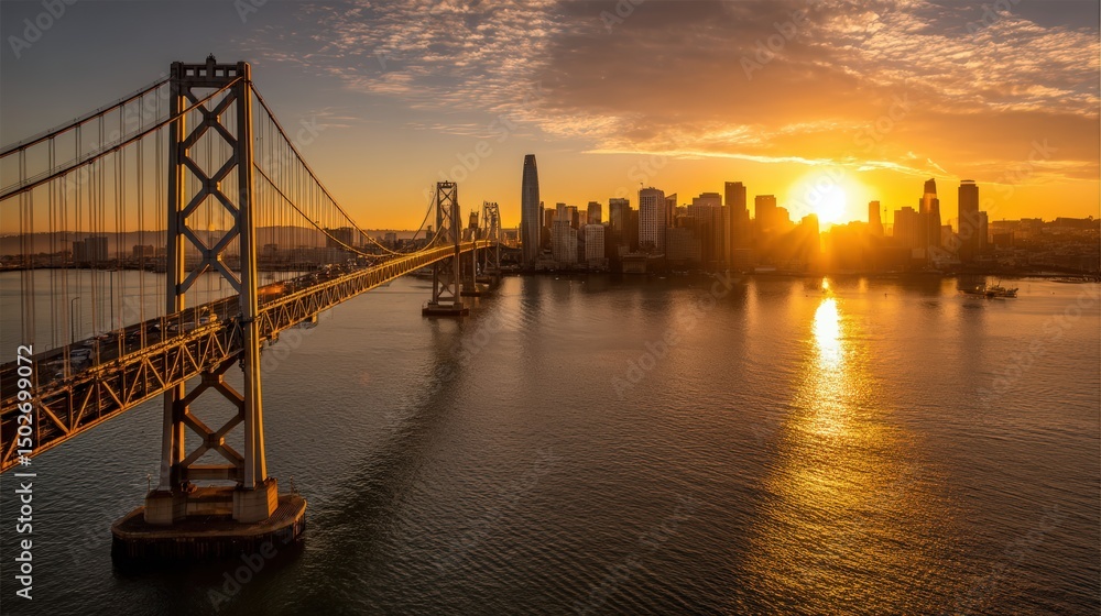 Fototapeta premium The skyline shines beneath golden rays, the bridge spanning across calm waters in high summer..