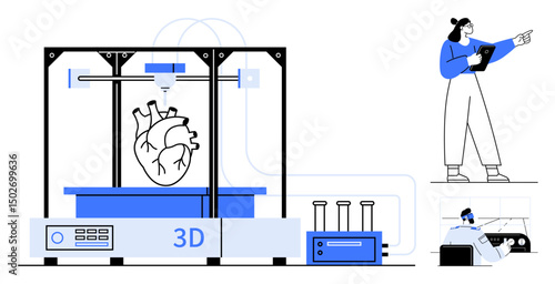 3D printer crafting realistic human heart prototype. Researcher with tablet observes process. Lab equipment and colleague nearby. Ideal for medical technology, innovation themes, futuristic designs