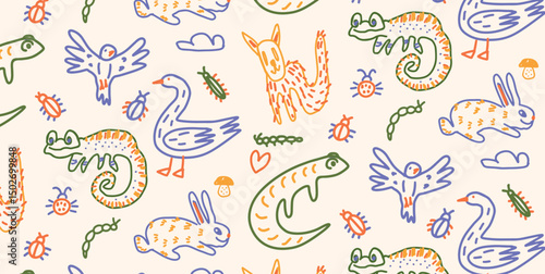 Seamless playful pattern in childlike hand-drawn style. Ducks and rabbits are joined by birds, caterpillars, lizards and colorful imaginary creatures. Vector illustration. 