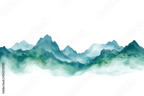 Misty mountain range, soft hues of teal and green