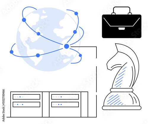 Stylized globe with connecting nodes, datacenter units, business briefcase, and chess knight. Ideal for business, strategy, technology, global connections, innovation networking enterprise