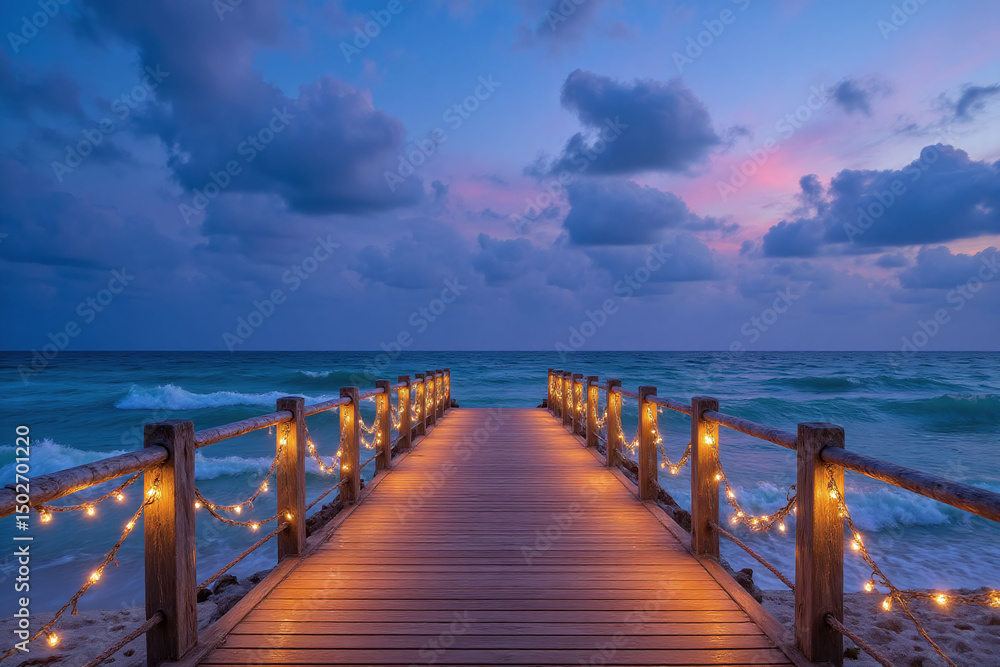 Fototapeta premium wooden walkway leading to the ocean with string lights