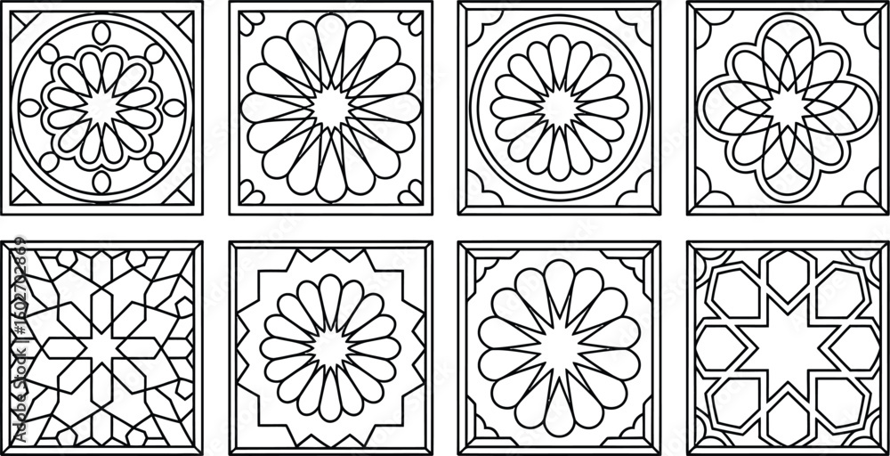 Collection of eight ornamental islamic style geometric tile designs Collection of eight ornamental islamic style geometric tile designs