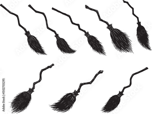 Witch Broom Collection Silhouette Vector Illustration