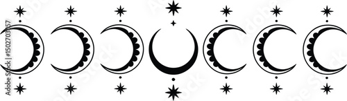 Illustrated crescent moon phases with stars in black and white aesthetic