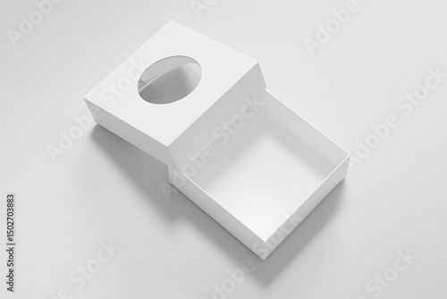 rectangular box mockup, square box packaging wiht circle window, luxury white gift box with clear pvc window display, white paperboard rectangular packaging, elegent perfume packaging mockup