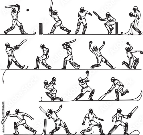 Cricket One Line Drawing Set – Minimalist Continuous Line Art of Cricket Actions