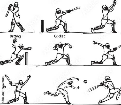 Cricket One Line Drawing Set – Minimalist Continuous Line Art of Cricket Actions