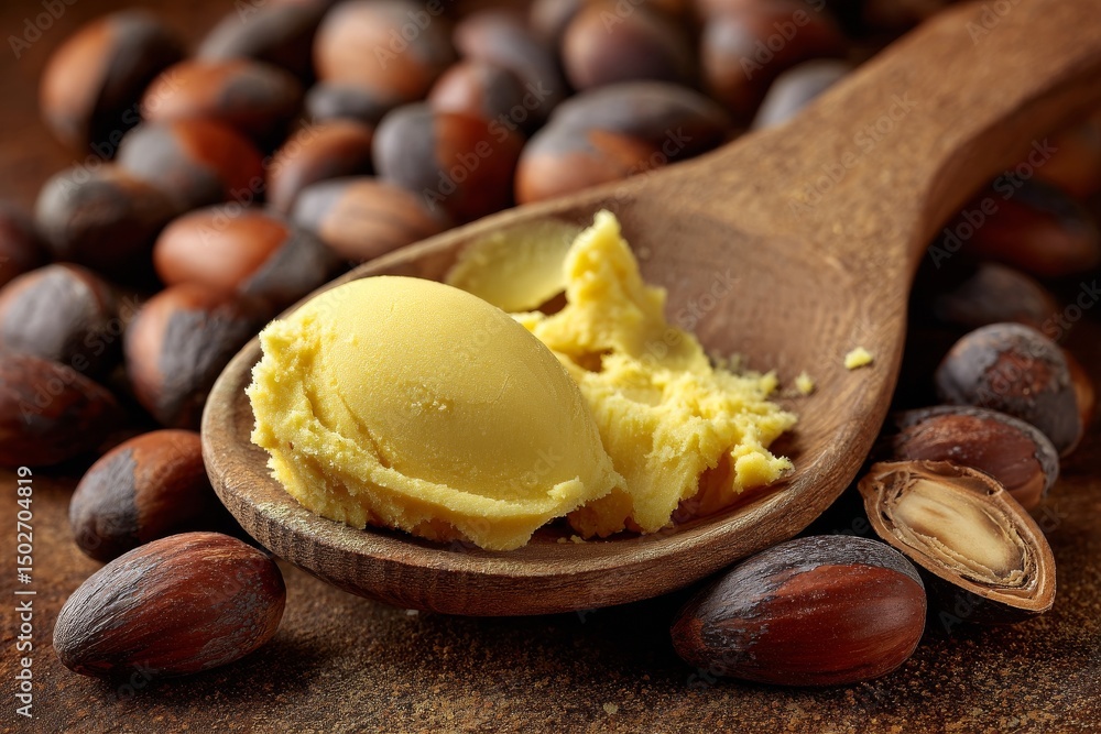 Fototapeta premium A close-up image features shea butter in a spoon and bowls set against a wooden background