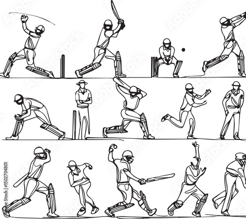 Cricket One Line Drawing Set – Minimalist Continuous Line Art of Cricket Actions
