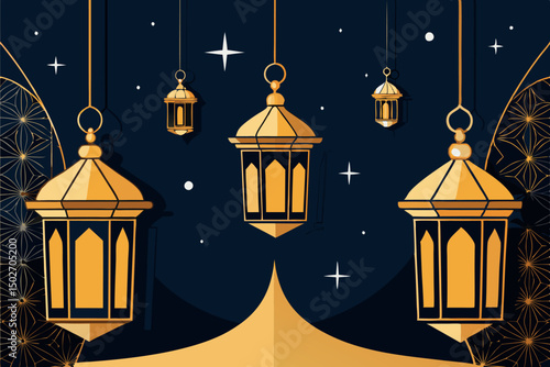 Beautiful and elegant Ramadan themed lanterns with golden accents and starry night background, perfect for celebration designs