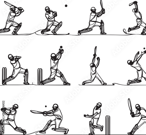 Cricket One Line Drawing Set – Minimalist Continuous Line Art of Cricket Actions