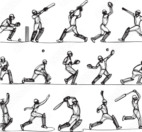 Cricket One Line Drawing Set – Minimalist Continuous Line Art of Cricket Actions