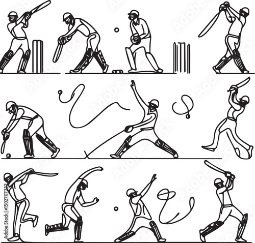 Cricket One Line Drawing Set – Minimalist Continuous Line Art of Cricket Actions